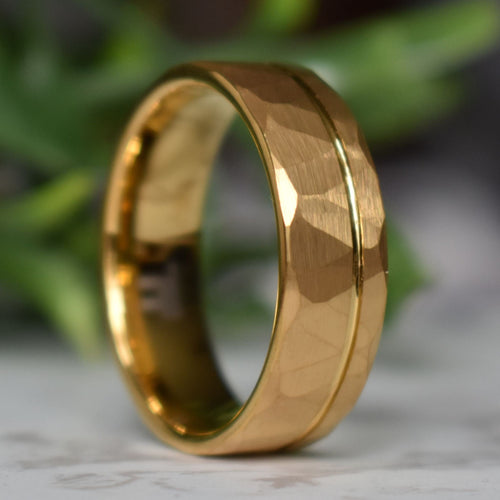 Northwind - Hammered Tungsten Wedding Ring 8mm Gold Brushed with Polished Gold Accent - view 6 - Nura Lab