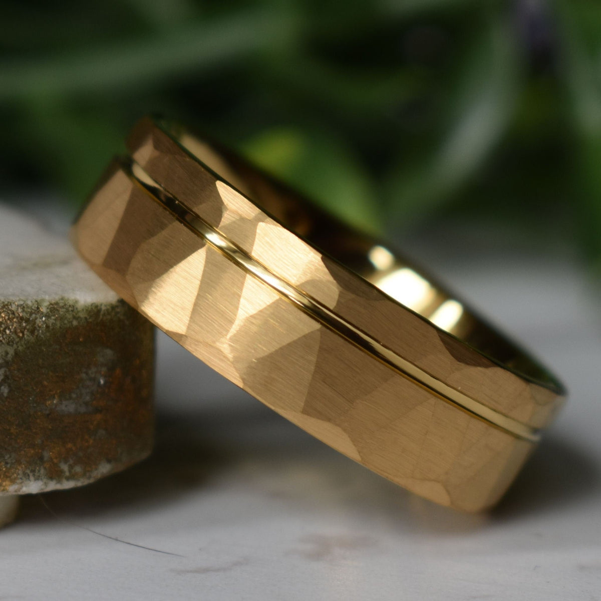Northwind - Hammered Tungsten Wedding Ring 8mm Gold Brushed with Polished Gold Accent - Nura Lab