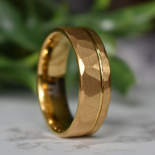 Northwind - Hammered Tungsten Wedding Ring 8mm Gold Brushed with Polished Gold Accent - view 2 - Nura Lab