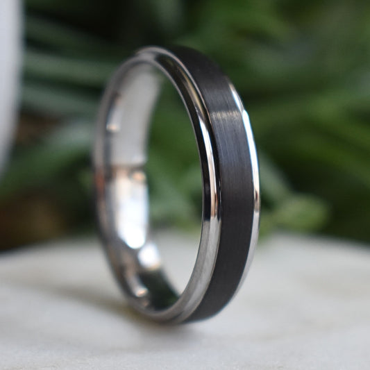 Stonehaven - Tungsten 6mm Black Wedding Ring with Silver Edges - Nura Lab