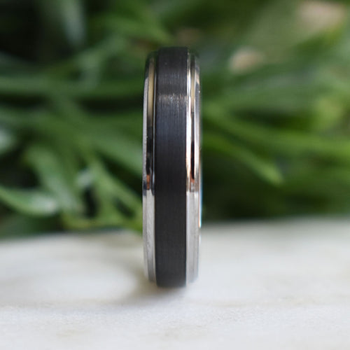 Stonehaven - Tungsten 6mm Black Wedding Ring with Silver Edges - view 4 - Nura Lab