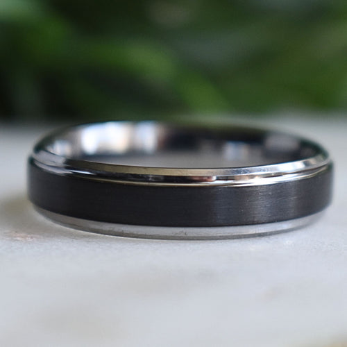 Stonehaven - Tungsten 6mm Black Wedding Ring with Silver Edges - view 3 - Nura Lab