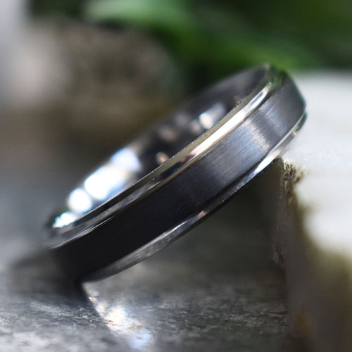 Stonehaven - Tungsten 6mm Black Wedding Ring with Silver Edges - view 6 - Nura Lab