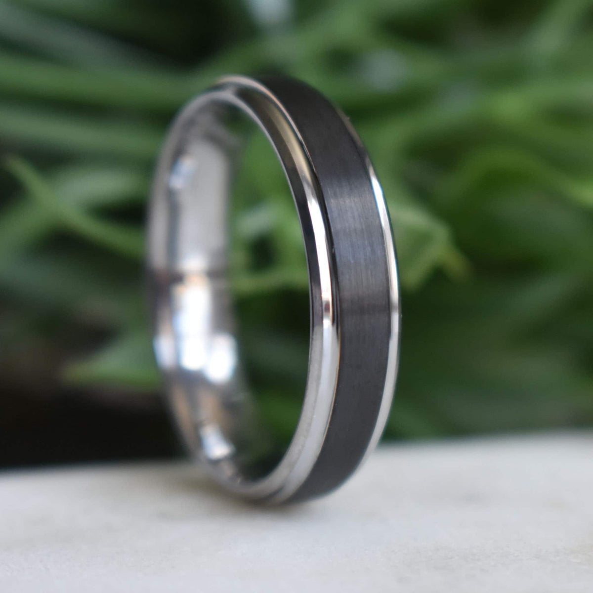 Stonehaven - Tungsten 6mm Black Wedding Ring with Silver Edges - view 5 - Nura Lab