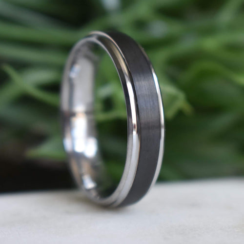 Stonehaven - Tungsten 6mm Black Wedding Ring with Silver Edges - view 5 - Nura Lab