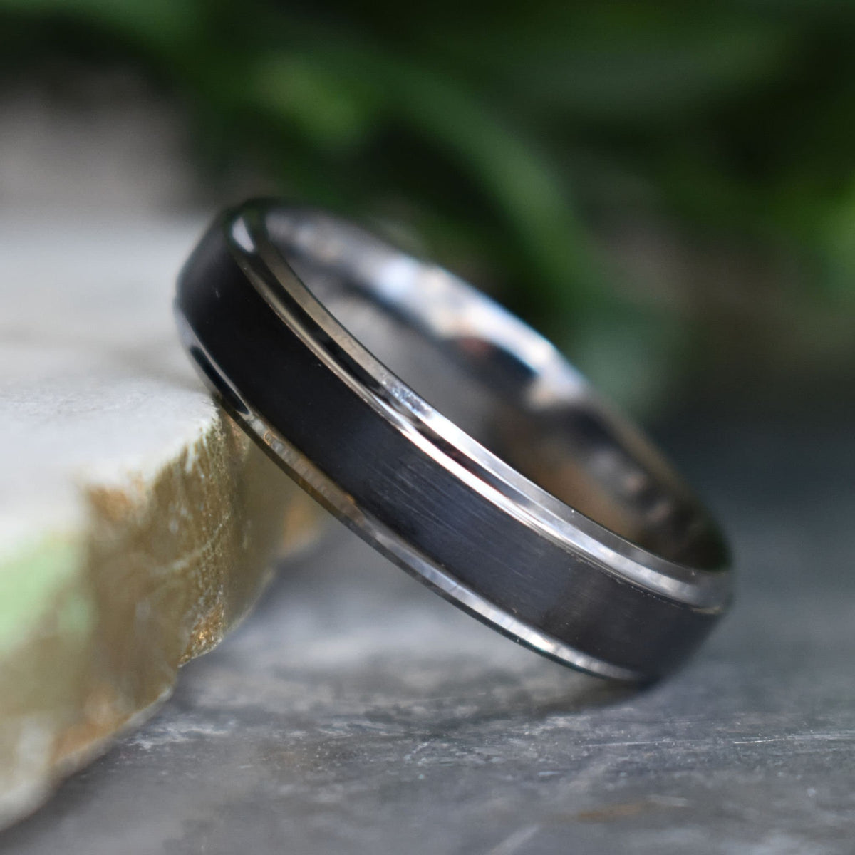Stonehaven - Tungsten 6mm Black Wedding Ring with Silver Edges - view 2 - Nura Lab