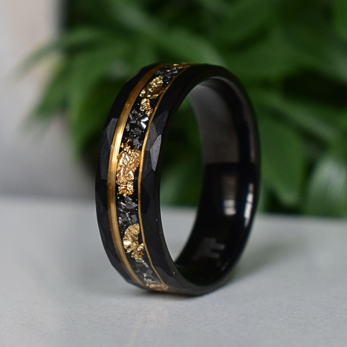 Evernorth - Hammered 8mm Black Tungsten Wedding Ring with 22K Gold Leaf and Meteorite Inlay - view 4 - Nura Lab