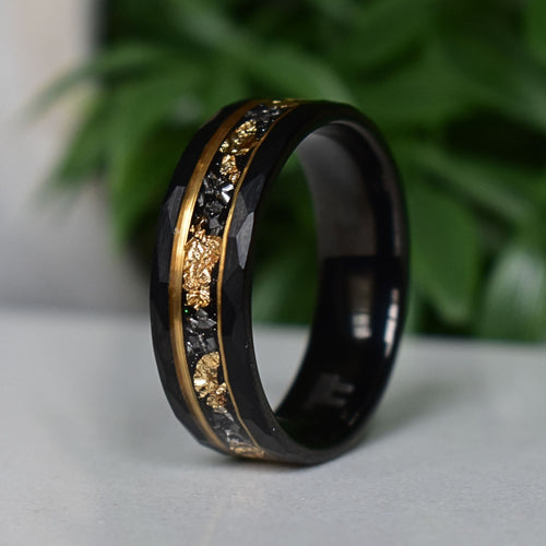 Evernorth - Hammered 8mm Black Tungsten Wedding Ring with 22K Gold Leaf and Meteorite Inlay - view 4 - Nura Lab