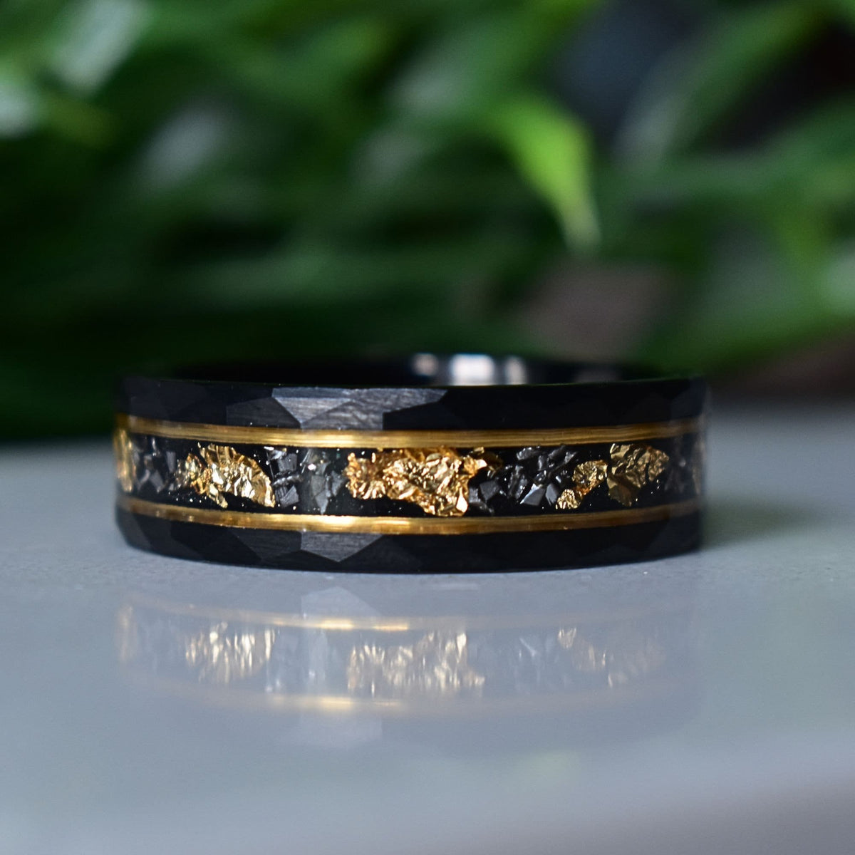 Evernorth - Hammered 8mm Black Tungsten Wedding Ring with 22K Gold Leaf and Meteorite Inlay - view 3 - Nura Lab