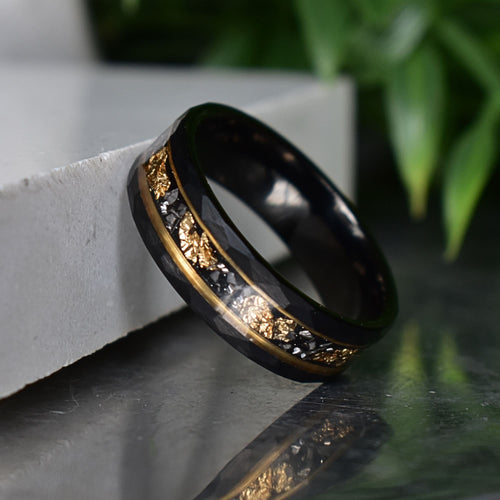 Evernorth - Hammered 8mm Black Tungsten Wedding Ring with 22K Gold Leaf and Meteorite Inlay - view 2 - Nura Lab