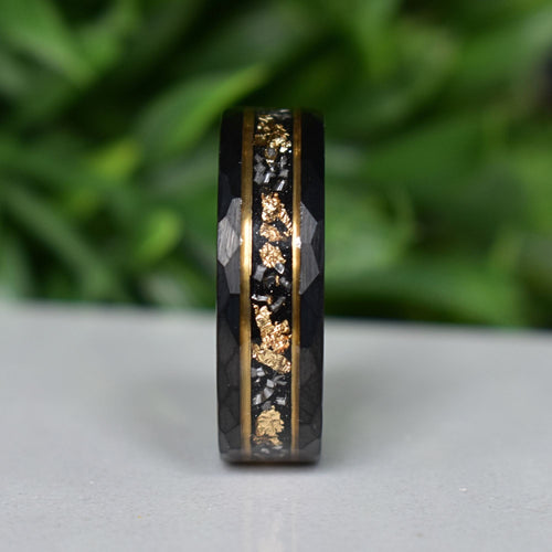 Evernorth - Hammered 8mm Black Tungsten Wedding Ring with 22K Gold Leaf and Meteorite Inlay - view 5 - Nura Lab