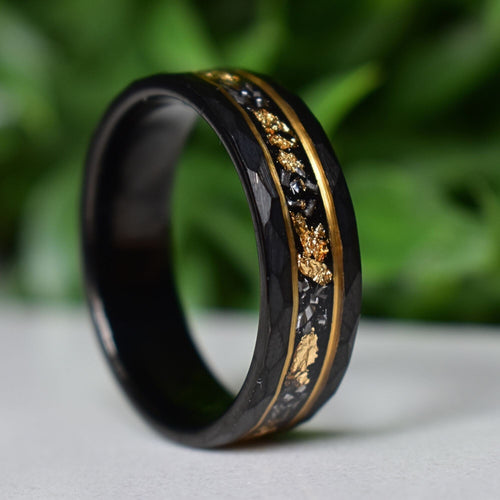 Evernorth - Hammered 8mm Black Tungsten Wedding Ring with 22K Gold Leaf and Meteorite Inlay - view 6 - Nura Lab