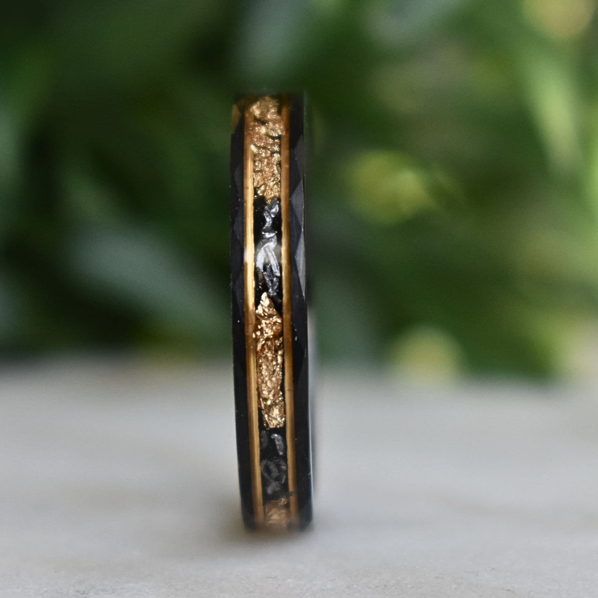 Resolute - Hammered 4mm Black Tungsten Wedding Ring with 22K Gold Leaf and Meteorite Inlay - view 5 - Nura Lab