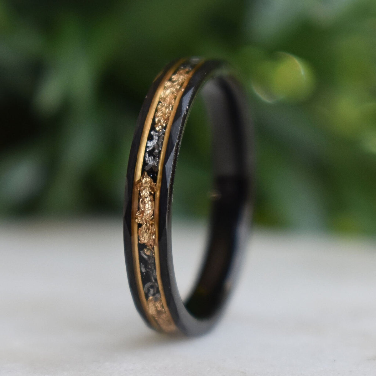 Resolute - Hammered 4mm Black Tungsten Wedding Ring with 22K Gold Leaf and Meteorite Inlay - view 6 - Nura Lab