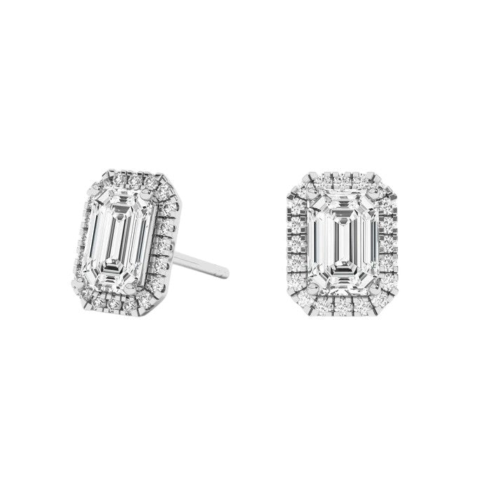 Emerald Cut Halo Stud Earrings – Lab-Grown Diamonds in Yellow or White Gold