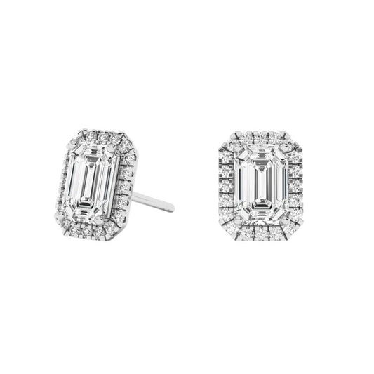 Emerald Cut Halo Stud Earrings – Lab-Grown Diamonds in Yellow or White Gold