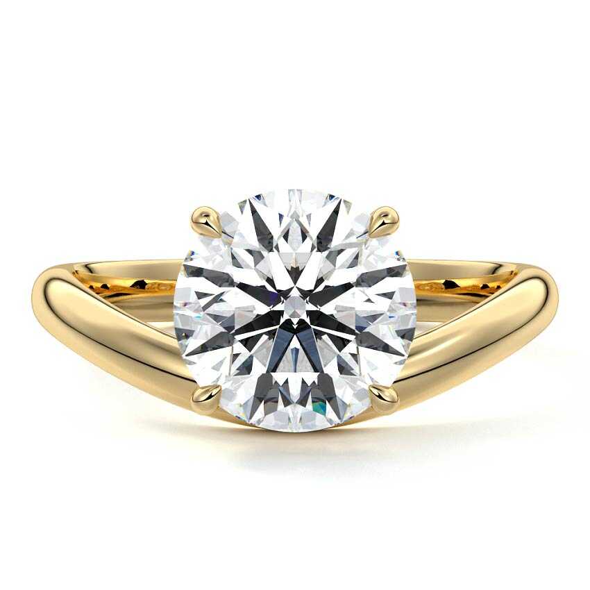 Unique round cut curved band engagement ring in 18K gold with lab-grown diamond or moissanite – handmade in New Zealand by Nura Lab