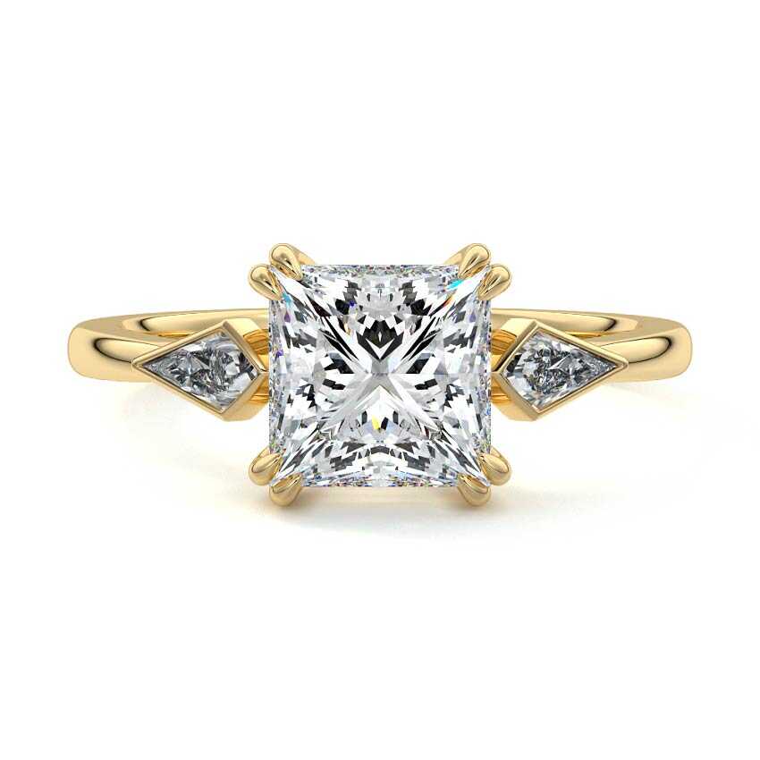 Joanna princess three stone lab grown diamond engagement ring with kite side stones by Nura Lab New Zealand