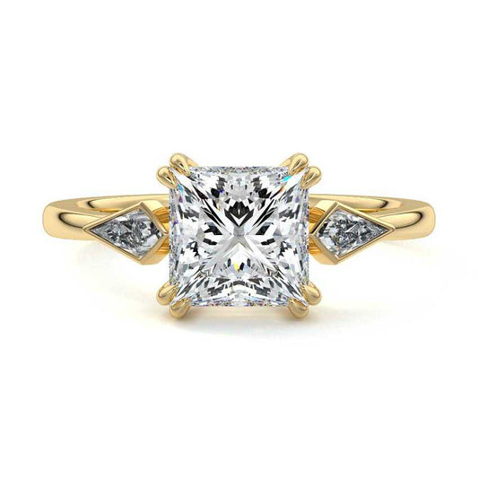 Joanna princess three stone lab grown diamond engagement ring with kite side stones by Nura Lab New Zealand