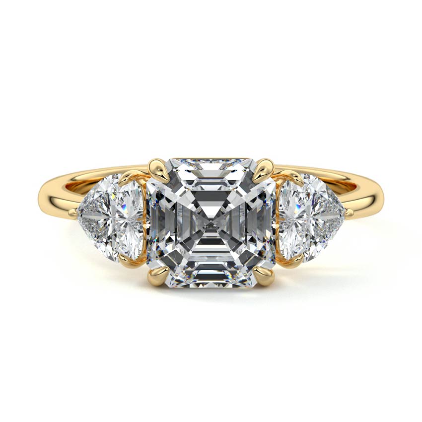Lana asscher three stone engagement ring with heart side diamonds by Nura Lab New Zealand