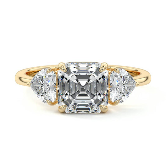 Lana asscher three stone engagement ring with heart side diamonds by Nura Lab New Zealand