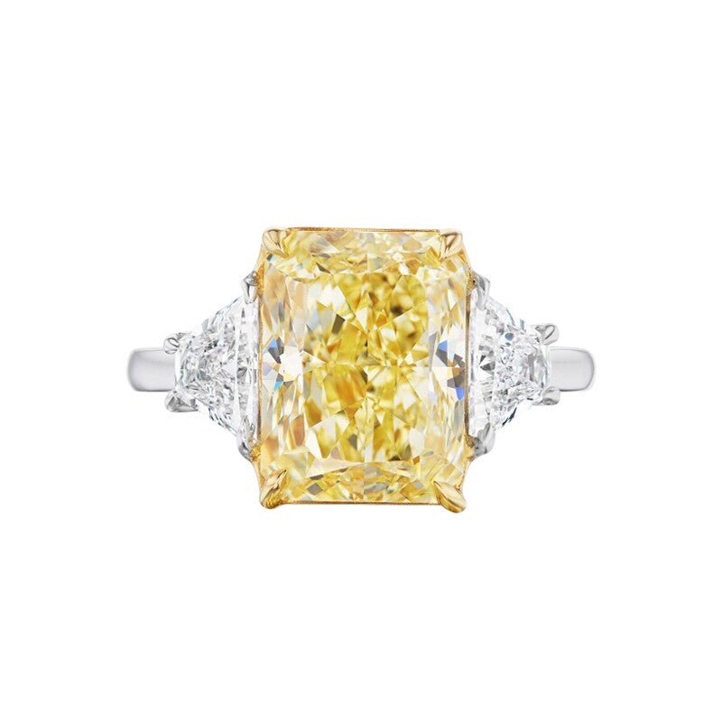 Three Stone Trilogy Radiant Cut Yellow Diamond Engagement Ring in 18K Gold