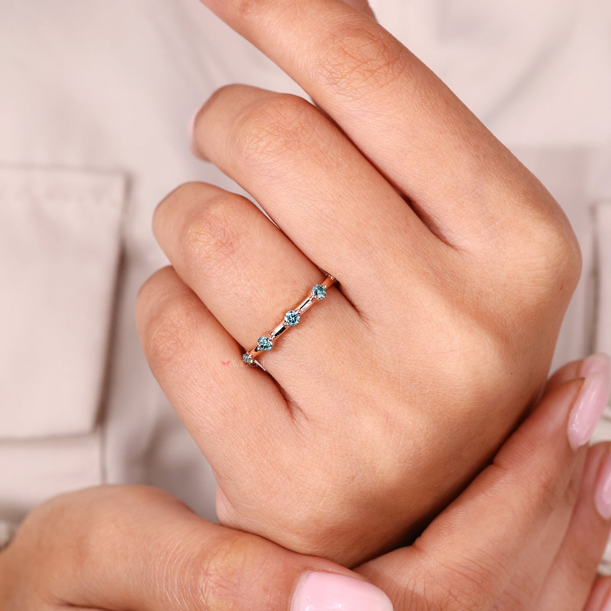 Caroline - Cyan Blue Round Cut Rose Gold Wedding Band.