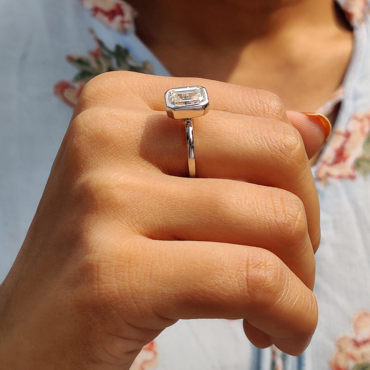 Rosamund Anne - Emerald Engagement Ring With Bezel Setting