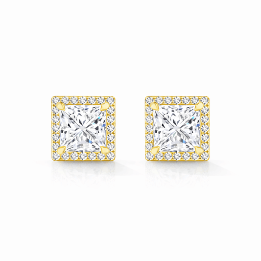 Olite princess shape halo stud earrings 14K yellow gold 2 carat total weight by Nura Lab New Zealand