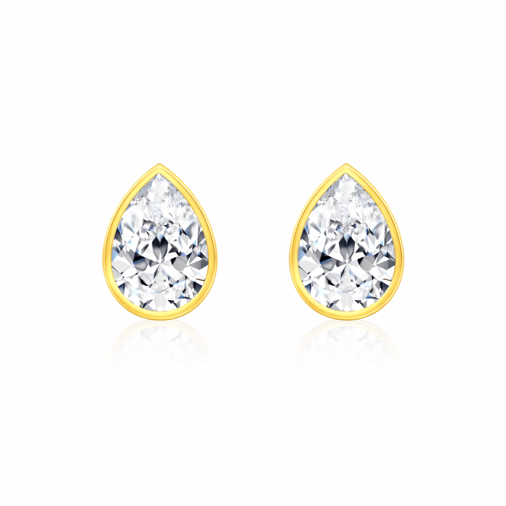 Pear shape moissanite bezel earrings set in 14K yellow gold – Lucy by Nura Lab