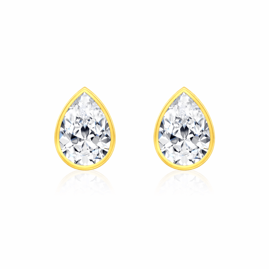 Pear shape moissanite bezel earrings set in 14K yellow gold – Lucy by Nura Lab