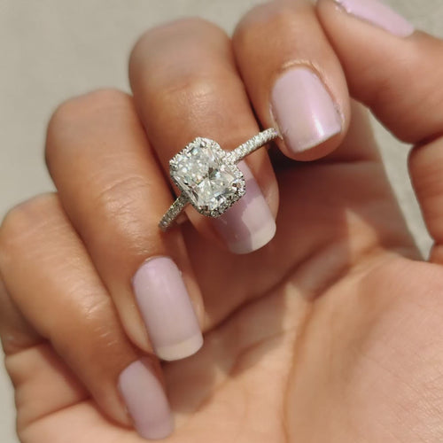 Rosamund Nell - Radiant Cut Moissanite Ring In Halo Style - product video