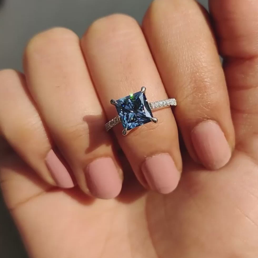 Lenora Louise - Royal Dark Blue Princess Cut Engagement Ring - product video