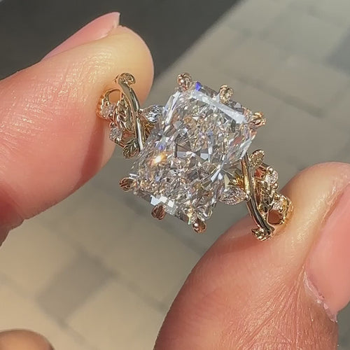 Rosalie Dawn - Radiant Cut Nature Inspired Engagement Ring with Leaf Style Prong - product video