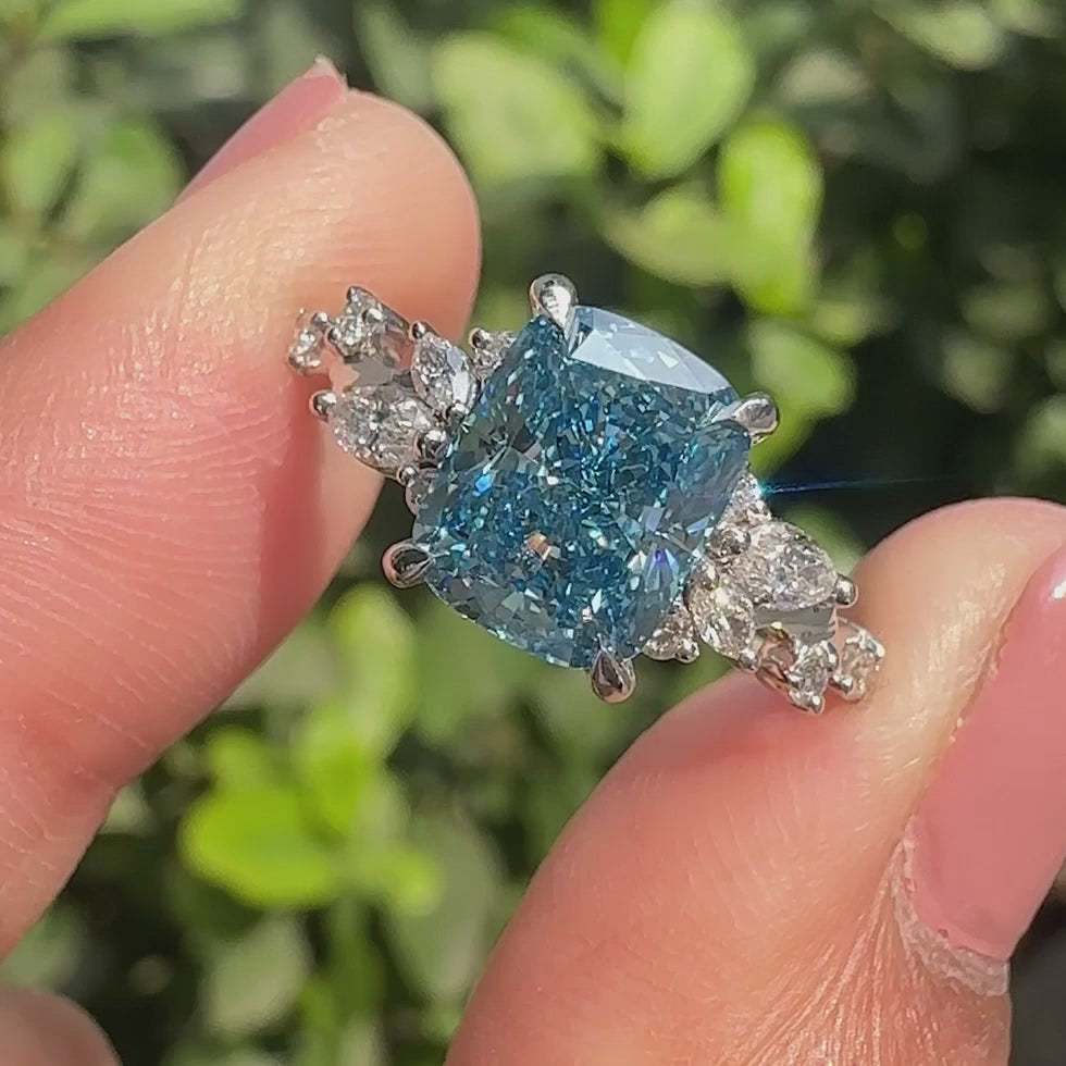 Vivienne Rose - Blue Cushion Cut Diamond Ring in Cluster Setting - product video