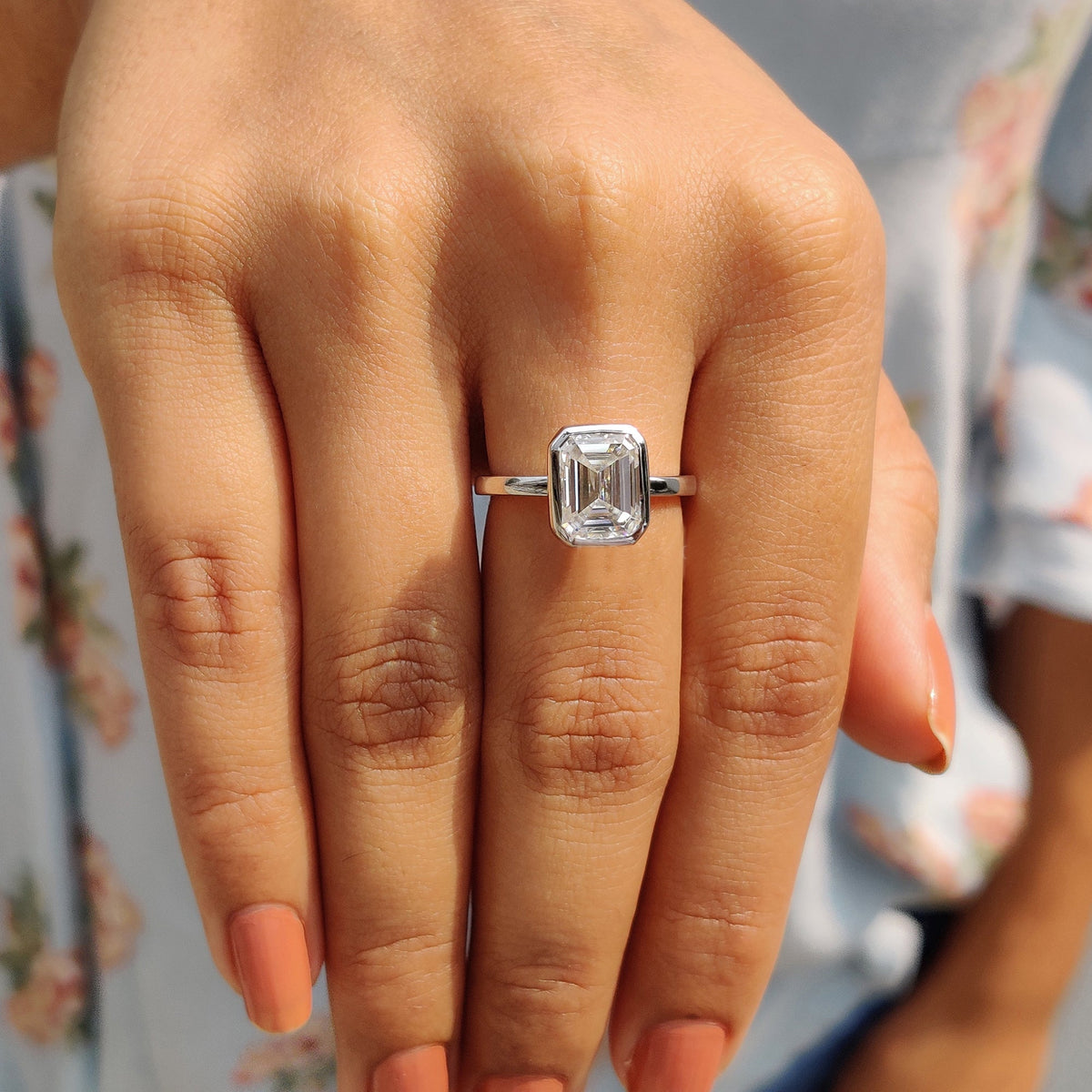 Rosamund Anne - Emerald Engagement Ring With Bezel Setting