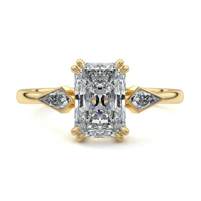 Radiant three stone engagement ring with kite shape side diamonds in 18K gold by Nura Lab, New Zealand