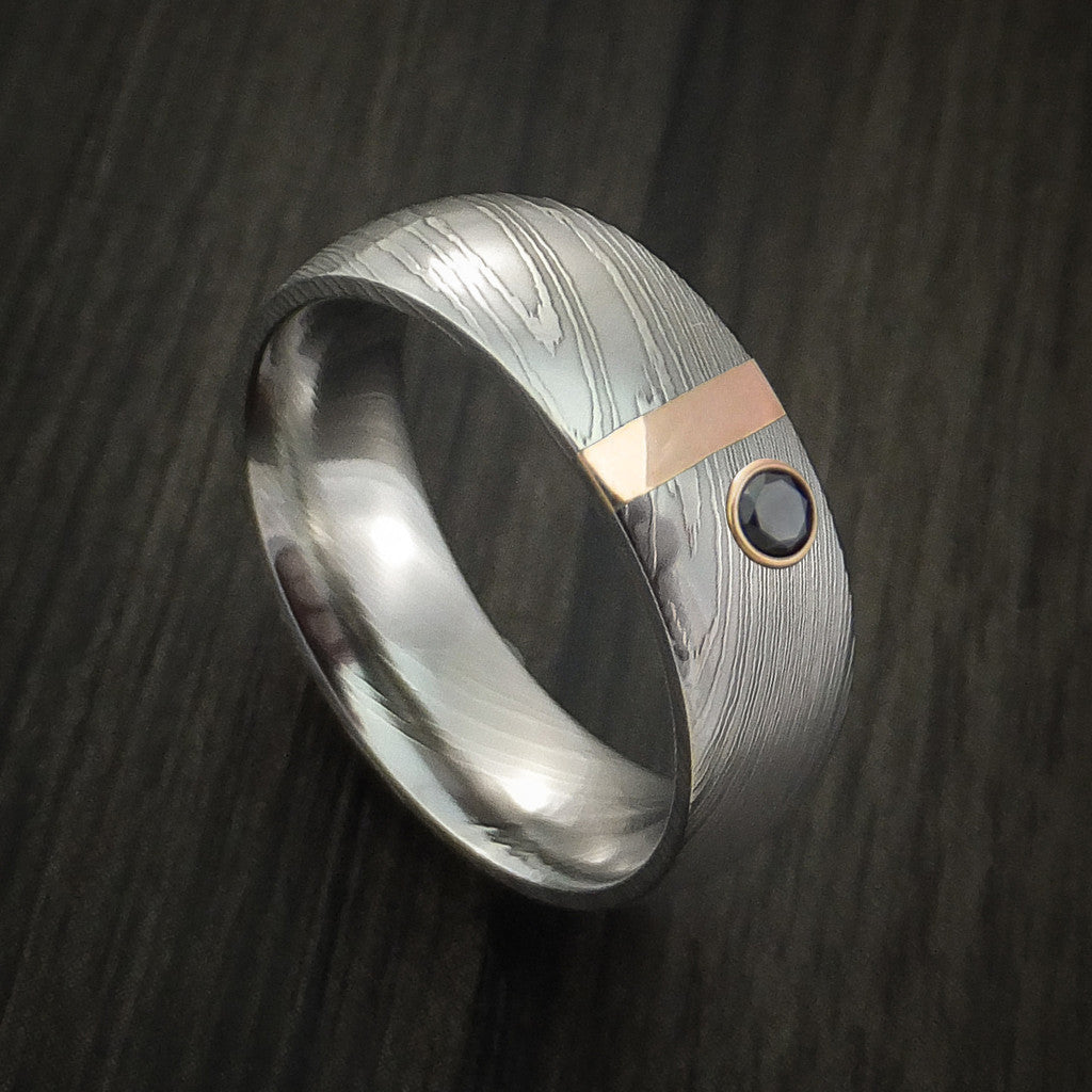Monarch X - Damascus Steel with 14K Gold and Black Diamond Men's Wedding Ring - Nura Lab