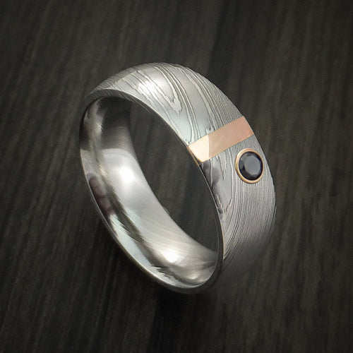 Monarch X - Damascus Steel with 14K Gold and Black Diamond Men's Wedding Ring - Nura Lab
