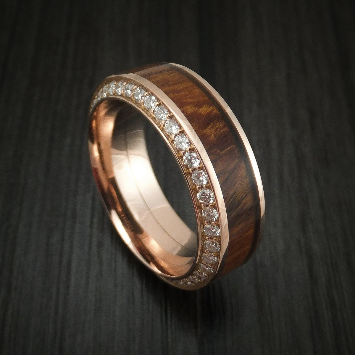 Glacier XII - Rose Gold Men's Wedding Ring With Wood Inlay And Eternity Set Diamonds Band - Nura Lab