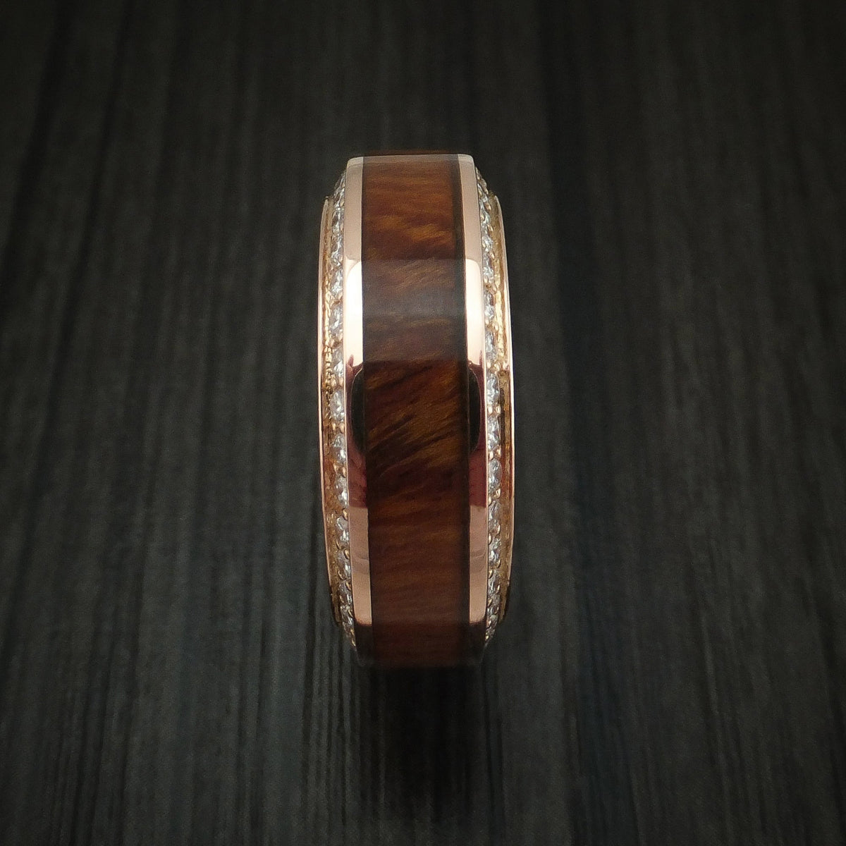 Glacier XII - Rose Gold Men's Wedding Ring With Wood Inlay And Eternity Set Diamonds Band - view 4 - Nura Lab