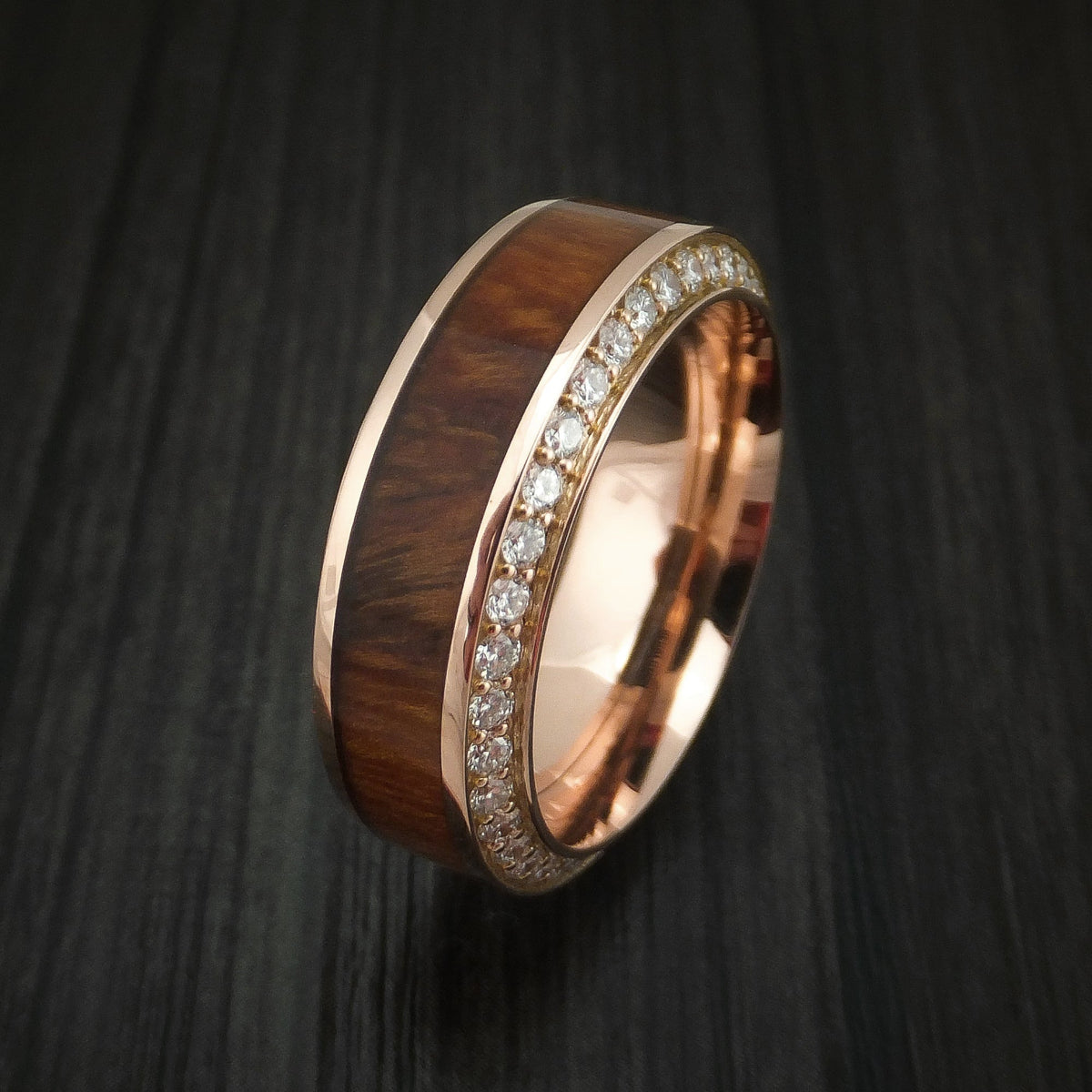 Glacier XII - Rose Gold Men's Wedding Ring With Wood Inlay And Eternity Set Diamonds Band - view 3 - Nura Lab