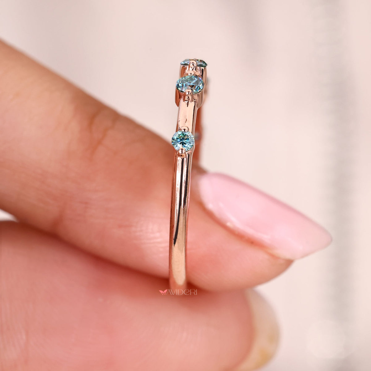 Caroline - Cyan Blue Round Cut Rose Gold Wedding Band.