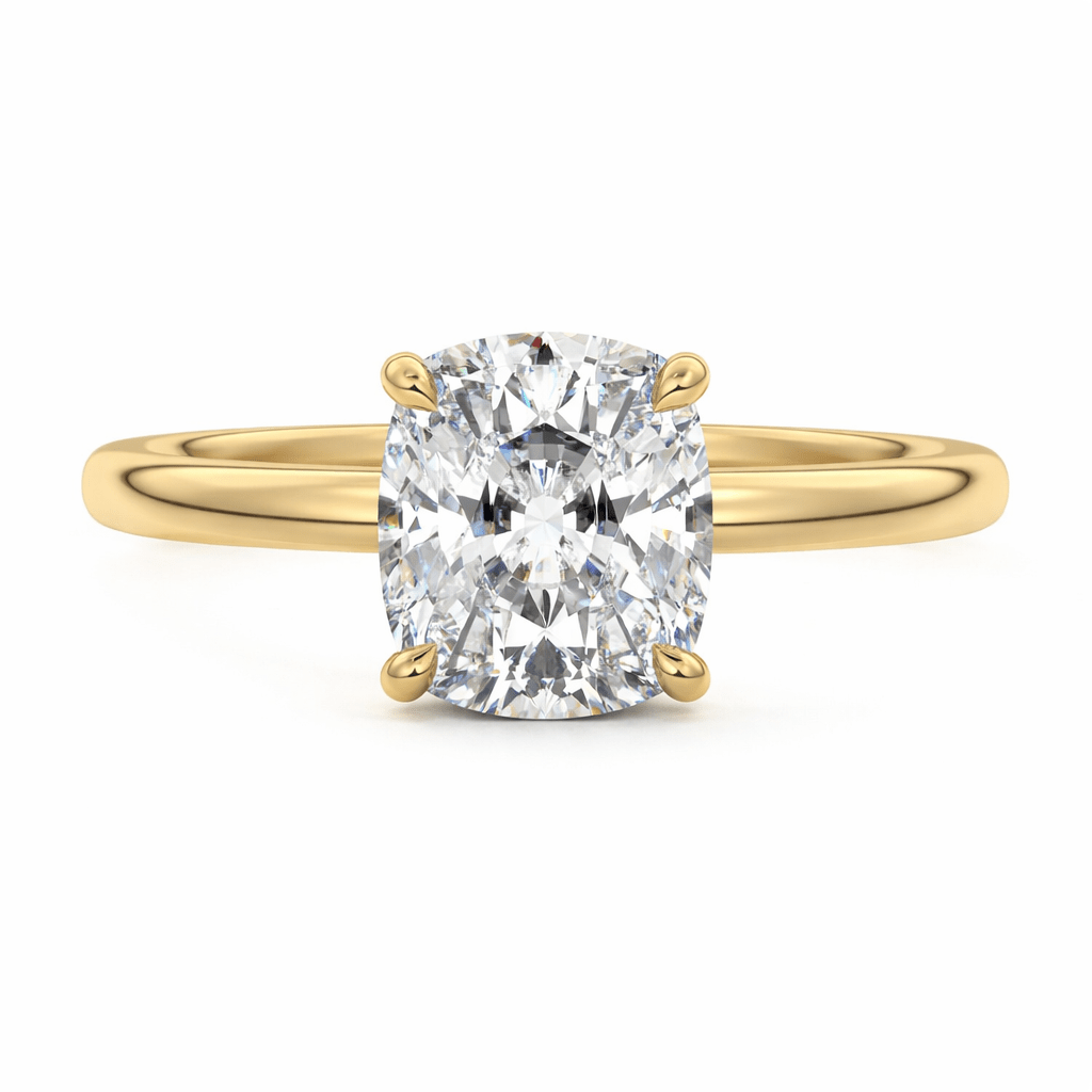Sara cushion solitaire lab grown diamond engagement ring in yellow gold by Nura Lab New Zealand