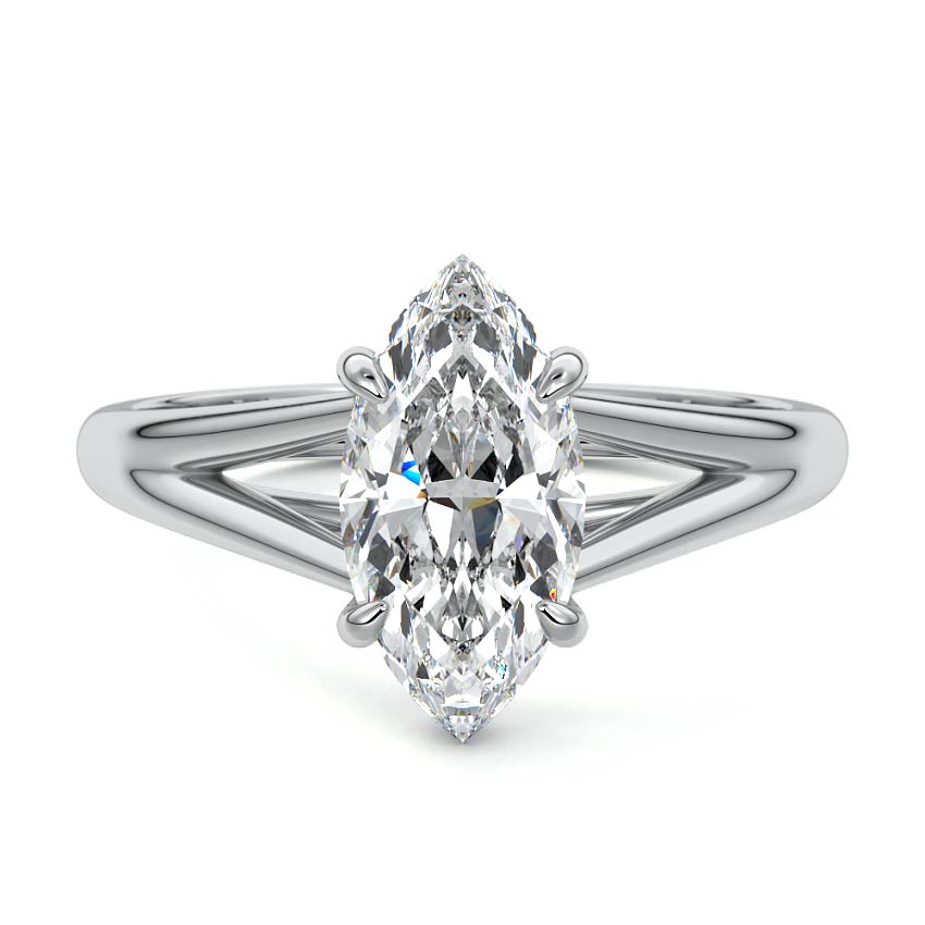 Marquise Solitaire Split Shank Engagement Ring in 18K white gold with lab-grown marquise diamond.