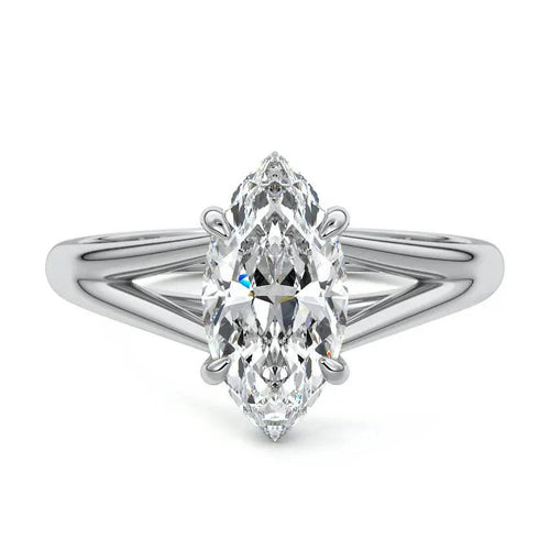 Marquise Solitaire Split Shank Engagement Ring in 18K white gold with lab-grown marquise diamond.