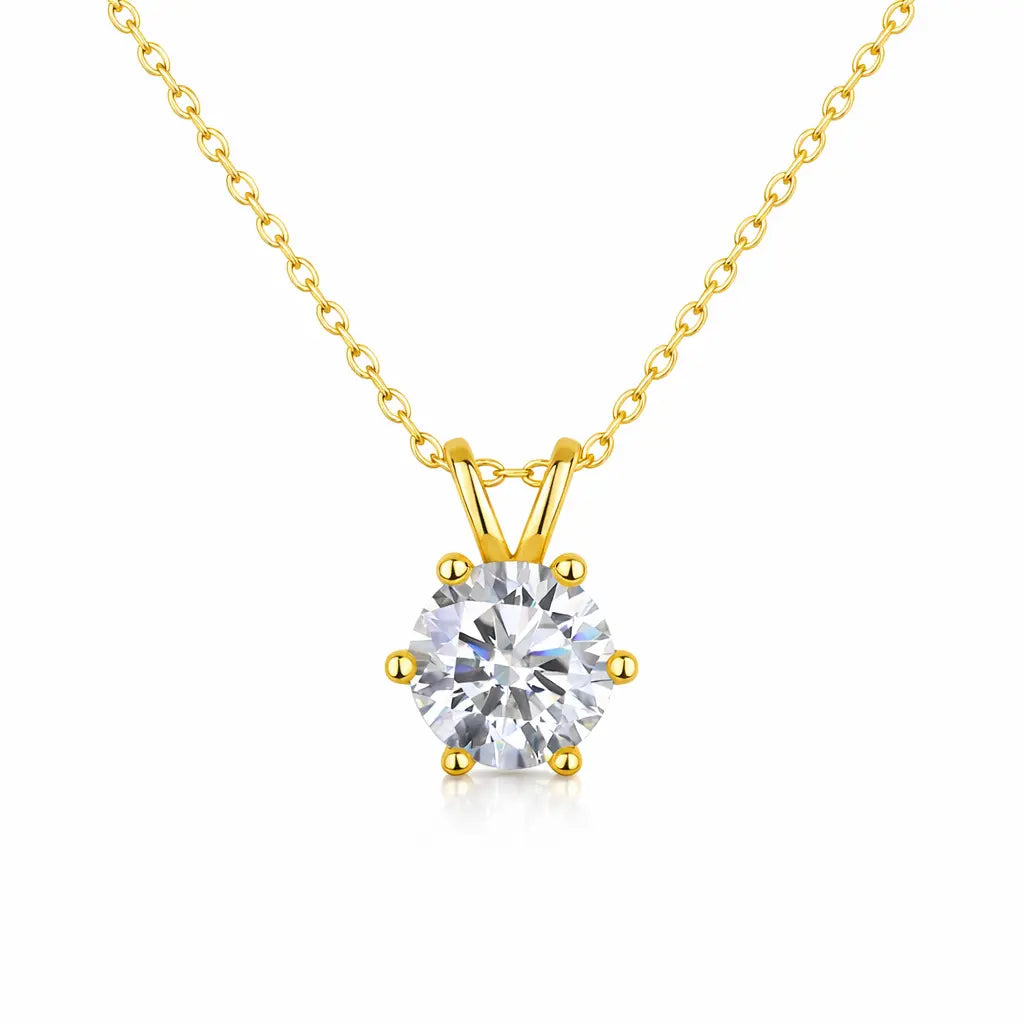 Solitaire lab grown moissanite pendant in 14K yellow gold with chain in a 6 claw setting, available in 1ct, 2ct and 3ct