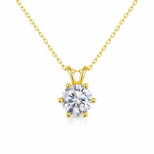 Solitaire lab grown moissanite pendant in 14K yellow gold with chain in a 6 claw setting, available in 1ct, 2ct and 3ct