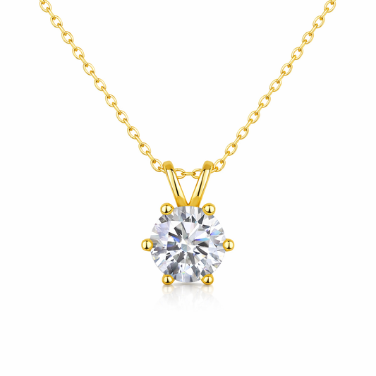 Solitaire lab grown moissanite pendant in 14K yellow gold with chain in a 6 claw setting, available in 1ct, 2ct and 3ct
