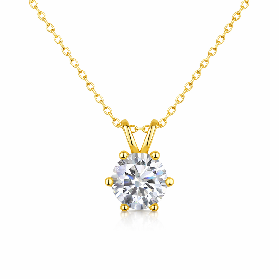 Solitaire lab grown moissanite pendant in 14K yellow gold with chain in a 6 claw setting, available in 1ct, 2ct and 3ct
